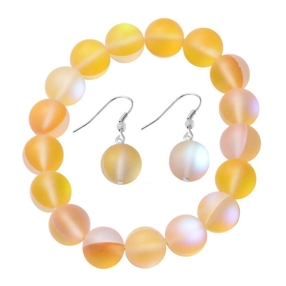 Simulatedย Yellow Color Mystic Topaz 11-13mm Beaded Stretch Bracelet and Earrings